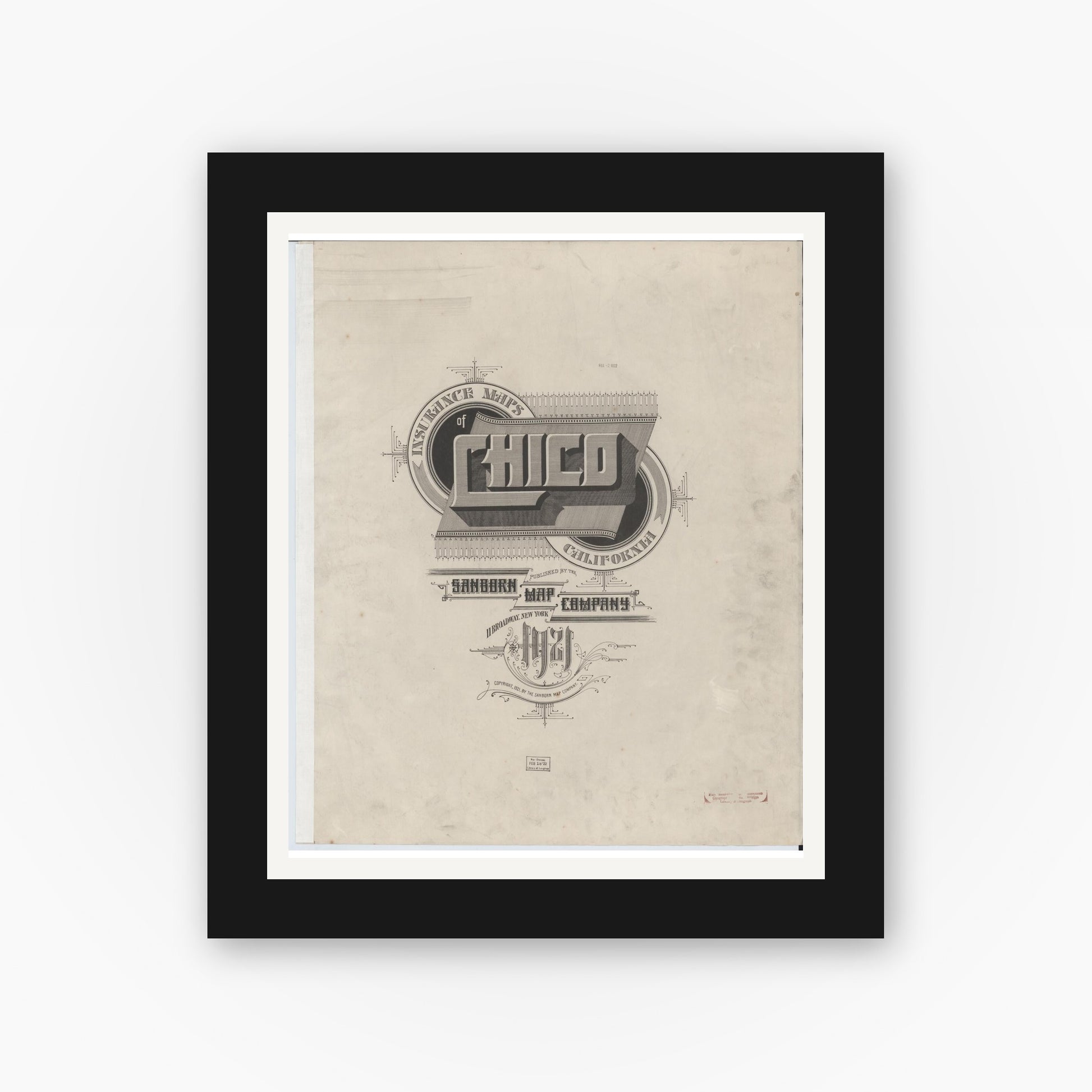 Old map wall art mockup — black gallery frame with white mat — Sanborn Fire Insurance Map from Chico, Butte County, California (1921), Sheet #0001