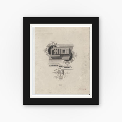 Old map wall art mockup — black gallery frame with white mat — Sanborn Fire Insurance Map from Chico, Butte County, California (1921), Sheet #0001