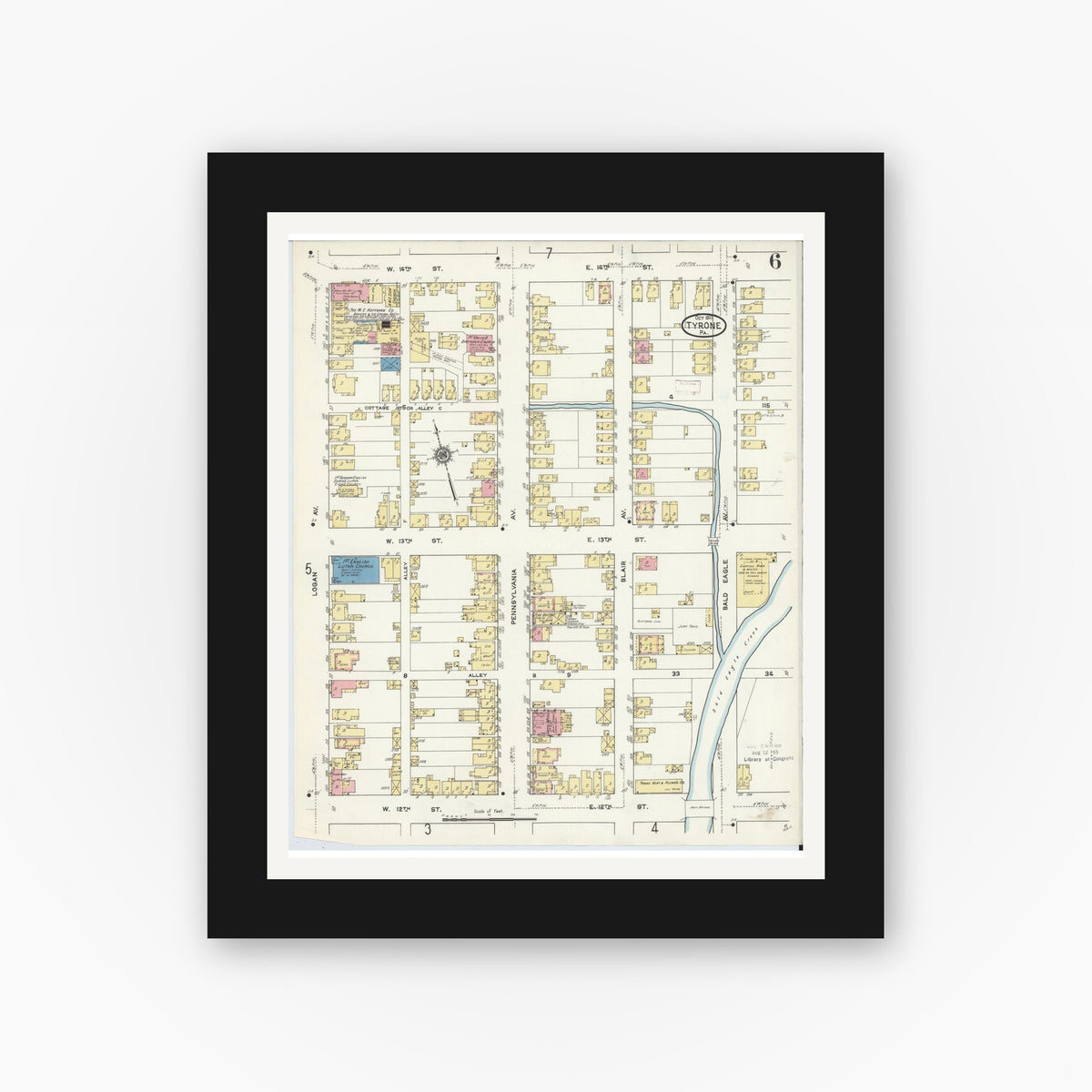 Old map wall art mockup — black gallery frame with white mat — Sanborn Fire Insurance Map from Tyrone, Blair County, Pennsylvania (1911), Sheet #0006