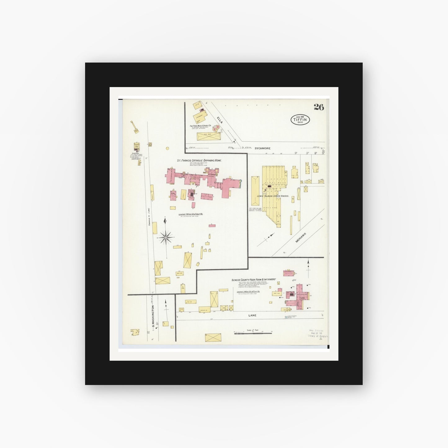 Old map wall art mockup — black gallery frame with white mat — Sanborn Fire Insurance Map from Tiffin, Seneca County, Ohio (1908), Sheet #0026