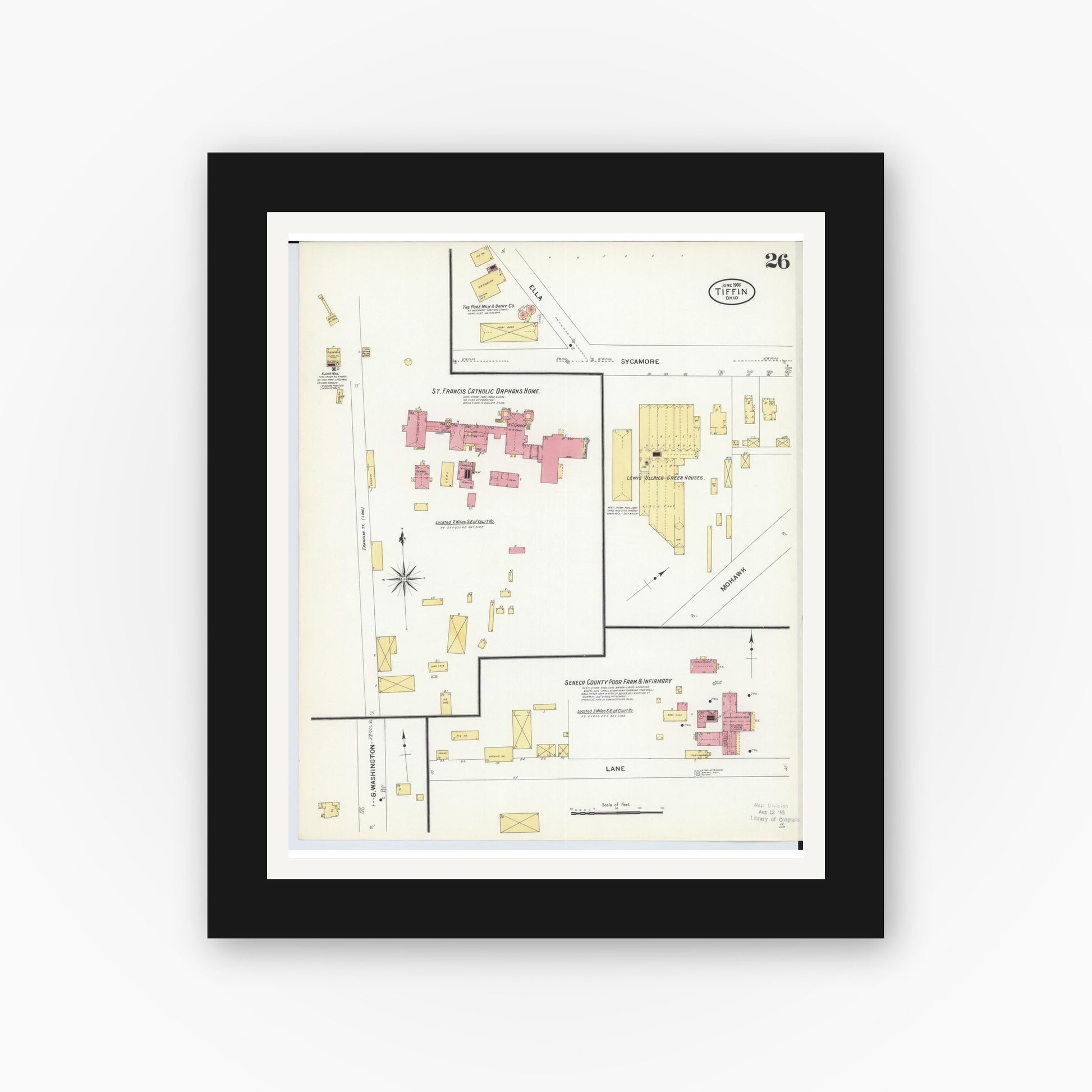 Old map wall art mockup — black gallery frame with white mat — Sanborn Fire Insurance Map from Tiffin, Seneca County, Ohio (1908), Sheet #0026