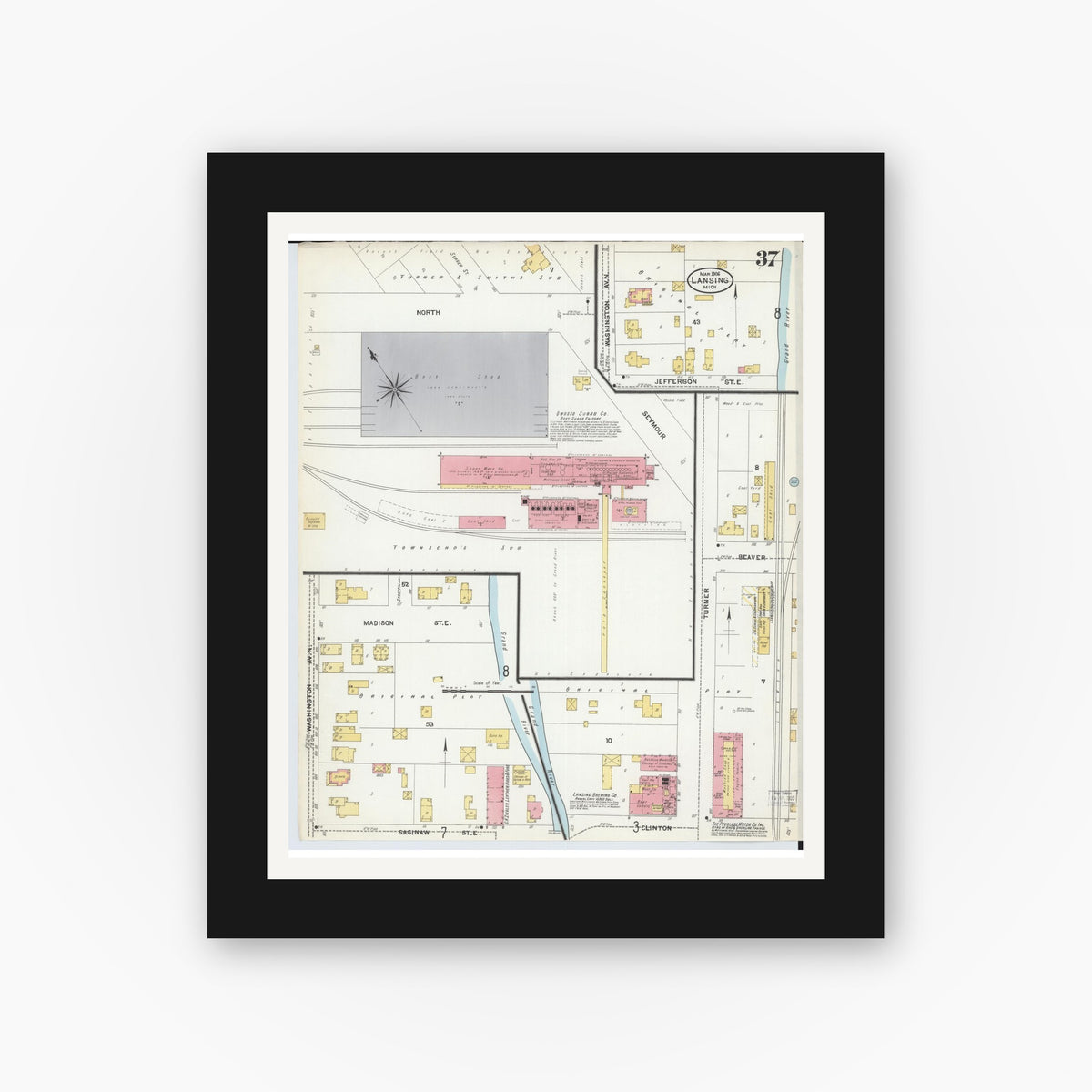 Old map wall art mockup — black gallery frame with white mat — Sanborn Fire Insurance Map from Lansing, Ingham County, Michigan (1906), Sheet #0037