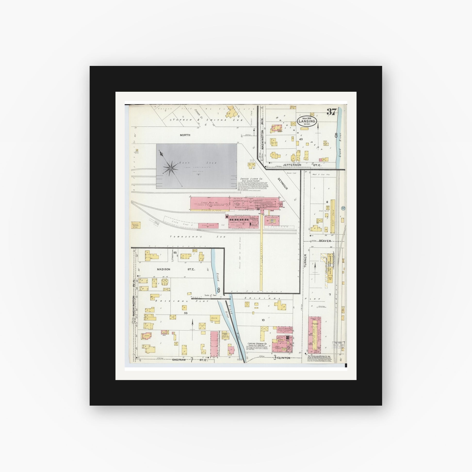 Old map wall art mockup — black gallery frame with white mat — Sanborn Fire Insurance Map from Lansing, Ingham County, Michigan (1906), Sheet #0037