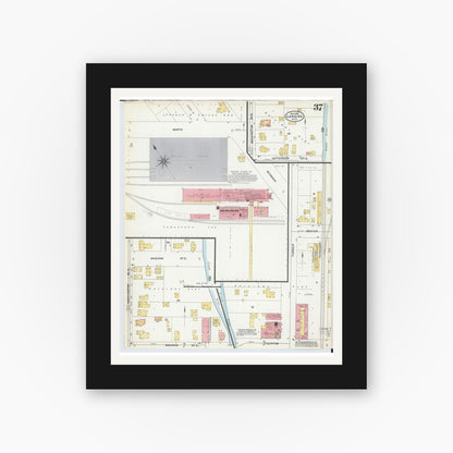Old map wall art mockup — black gallery frame with white mat — Sanborn Fire Insurance Map from Lansing, Ingham County, Michigan (1906), Sheet #0037
