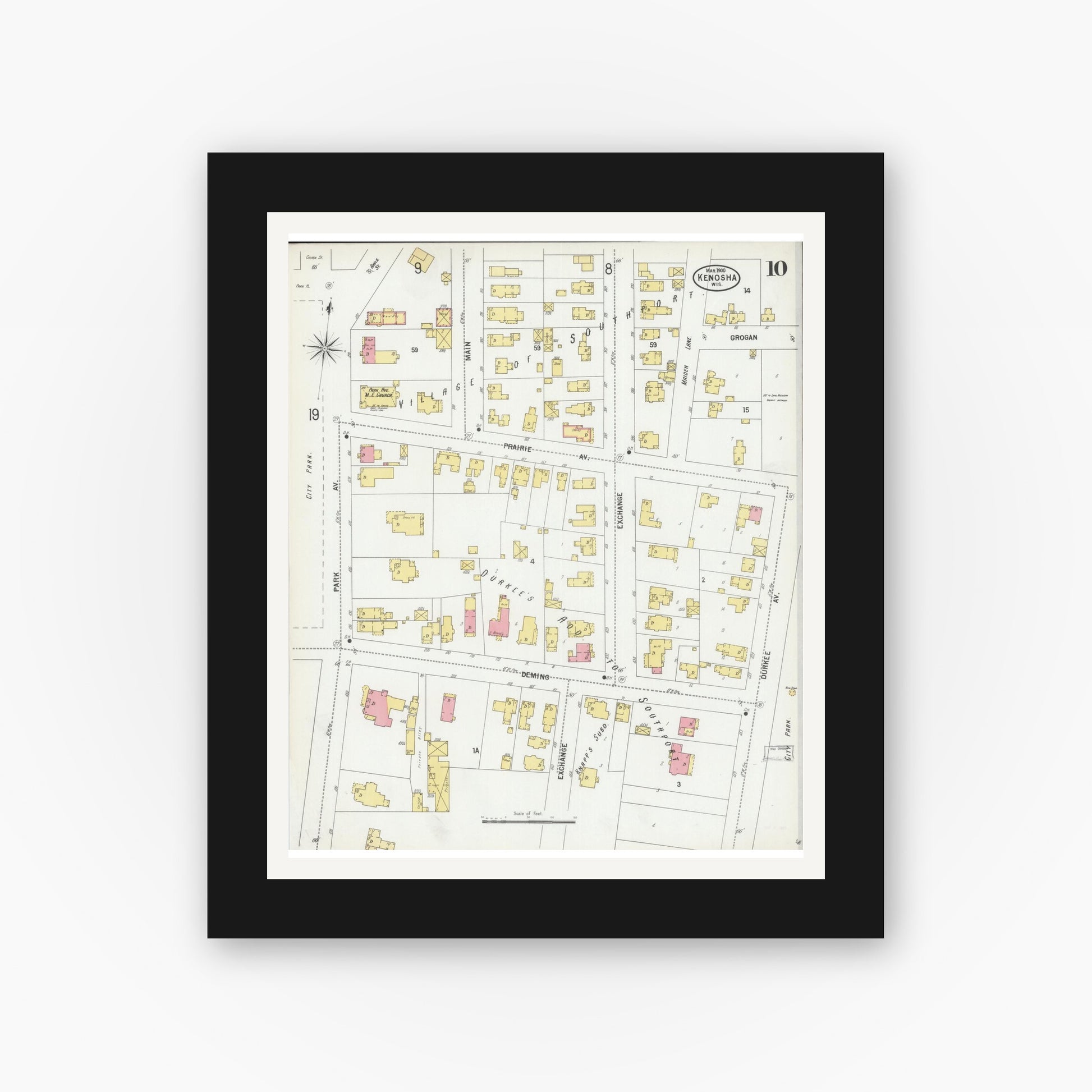Old map wall art mockup — black gallery frame with white mat — Sanborn Fire Insurance Map from Kenosha, Kenosha County, Wisconsin (1900), Sheet #0010