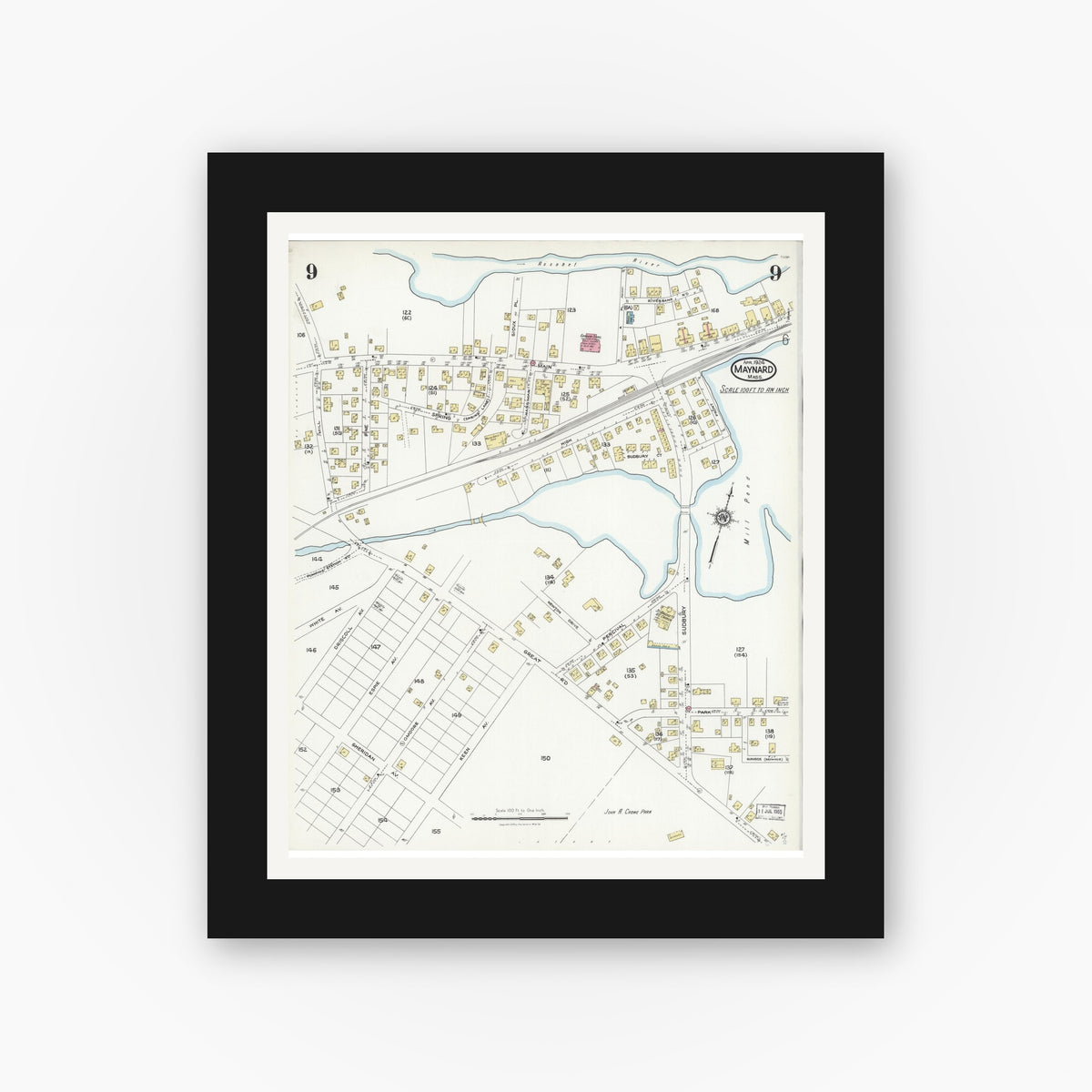 Old map wall art mockup — black gallery frame with white mat — Sanborn Fire Insurance Map from Maynard, Middlesex County, Massachusetts (1924), Sheet #0009