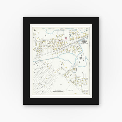 Old map wall art mockup — black gallery frame with white mat — Sanborn Fire Insurance Map from Maynard, Middlesex County, Massachusetts (1924), Sheet #0009