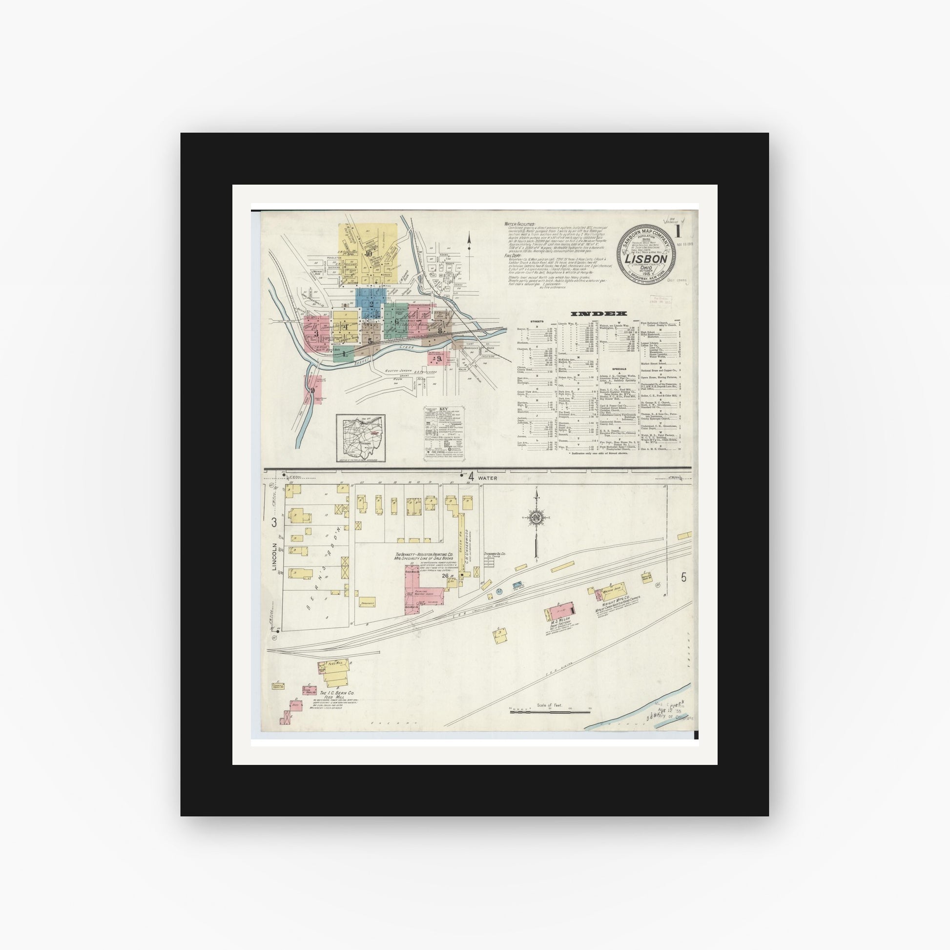 Old map wall art mockup — black gallery frame with white mat — Sanborn Fire Insurance Map from Lisbon, Columbiana County, Ohio (1915), Sheet #0001
