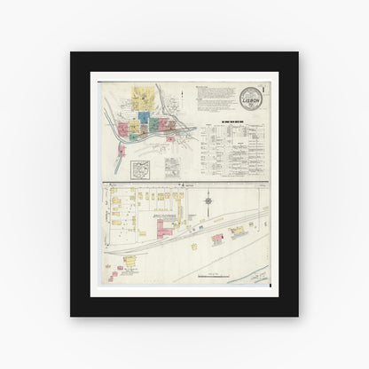 Old map wall art mockup — black gallery frame with white mat — Sanborn Fire Insurance Map from Lisbon, Columbiana County, Ohio (1915), Sheet #0001