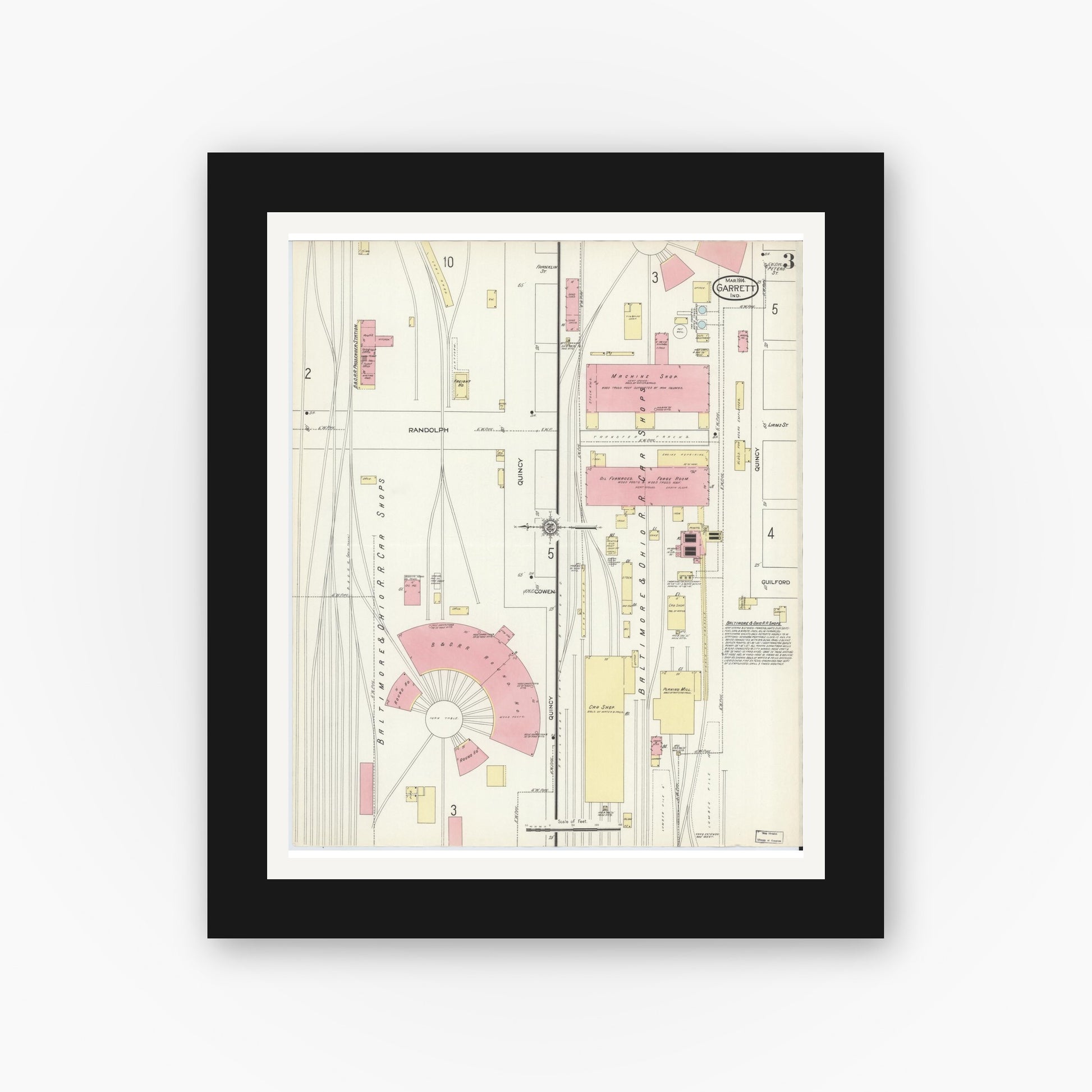 Old map wall art mockup — black gallery frame with white mat — Sanborn Fire Insurance Map from Garrett, De Kalb County, Indiana (1914), Sheet #0003