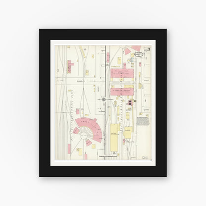 Old map wall art mockup — black gallery frame with white mat — Sanborn Fire Insurance Map from Garrett, De Kalb County, Indiana (1914), Sheet #0003