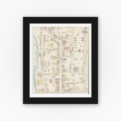 Old map wall art mockup — black gallery frame with white mat — Sanborn Fire Insurance Map from Catskill, Greene County, New York (1884), Sheet #0002
