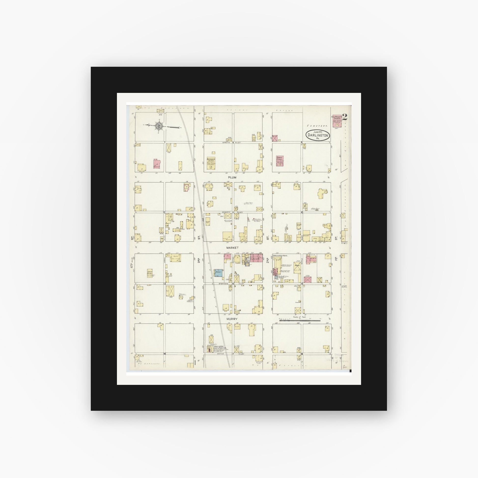 Old map wall art mockup — black gallery frame with white mat — Sanborn Fire Insurance Map from Darlington, Beaver County, Pennsylvania (1912), Sheet #0002