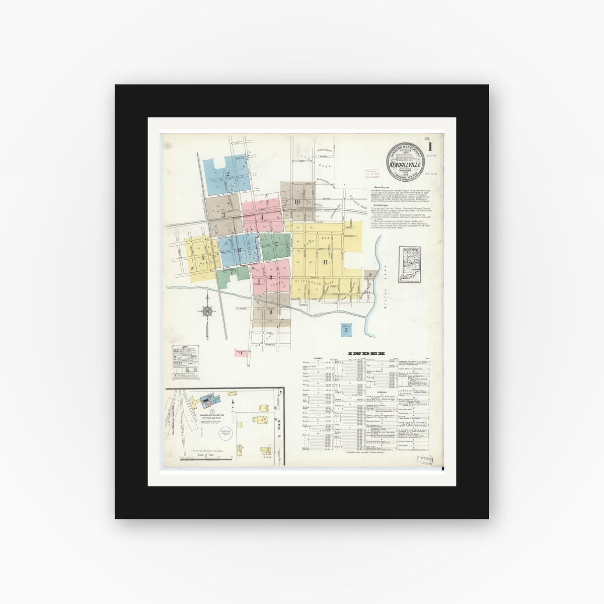 Old map wall art mockup — black gallery frame with white mat — Sanborn Fire Insurance Map from Kendallville, Noble County, Indiana (1914) - Complete Map Set