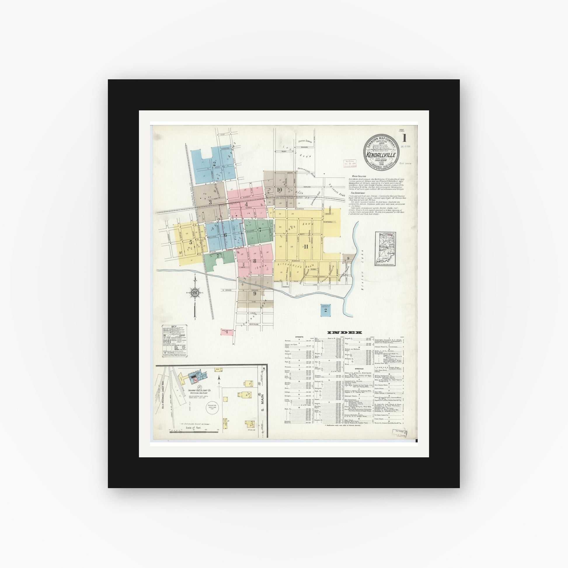 Old map wall art mockup — black gallery frame with white mat — Sanborn Fire Insurance Map from Kendallville, Noble County, Indiana (1914) - Complete Map Set