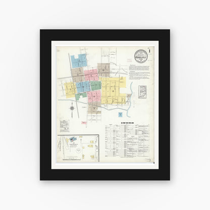 Old map wall art mockup — black gallery frame with white mat — Sanborn Fire Insurance Map from Kendallville, Noble County, Indiana (1914) - Complete Map Set