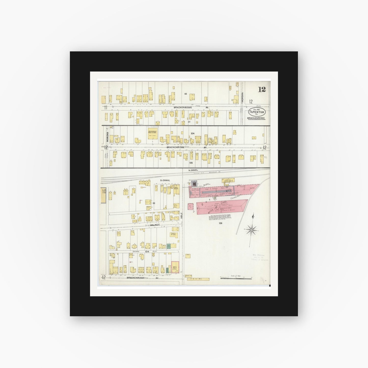 Old map wall art mockup — black gallery frame with white mat — Sanborn Fire Insurance Map from Tarentum, Allegheny County, Pennsylvania (1902), Sheet #0012