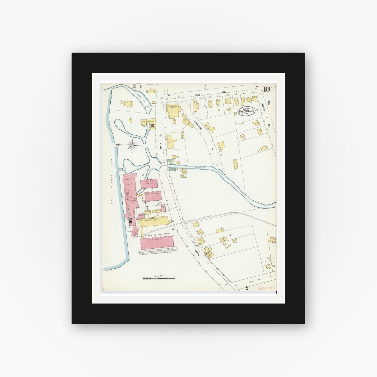 Old map wall art mockup — black gallery frame with white mat — Sanborn Fire Insurance Map from Patchogue, Suffolk County, New York (1902), Sheet #0010