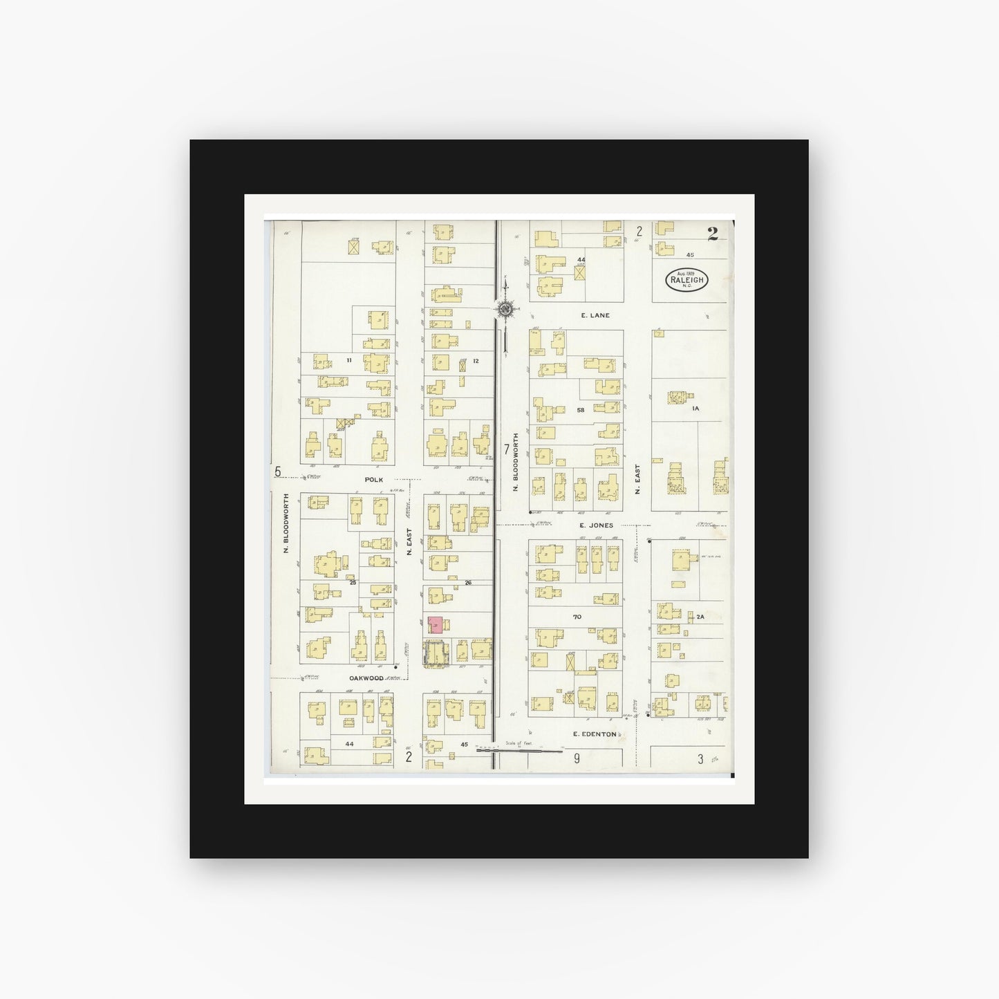 Old map wall art mockup — black gallery frame with white mat — Sanborn Fire Insurance Map from Raleigh, Wake County, North Carolina (1909), Sheet #0002