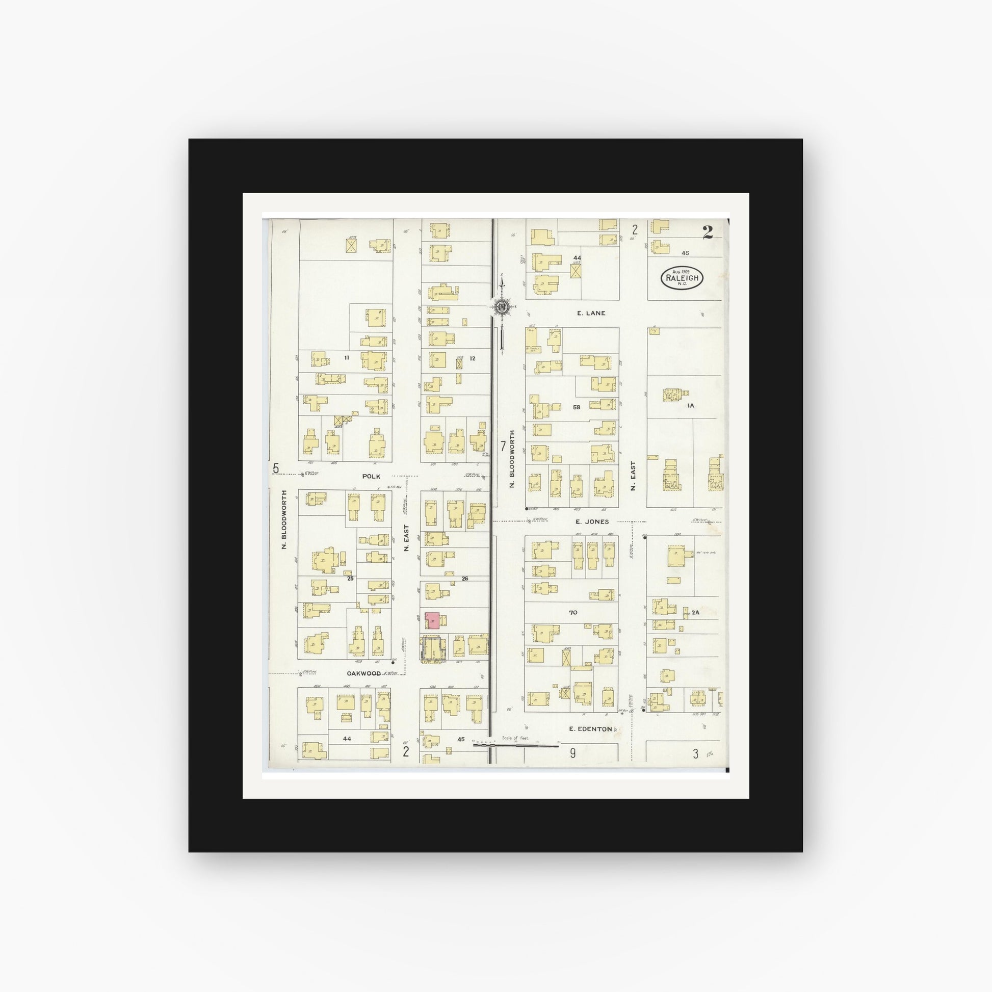Old map wall art mockup — black gallery frame with white mat — Sanborn Fire Insurance Map from Raleigh, Wake County, North Carolina (1909), Sheet #0002