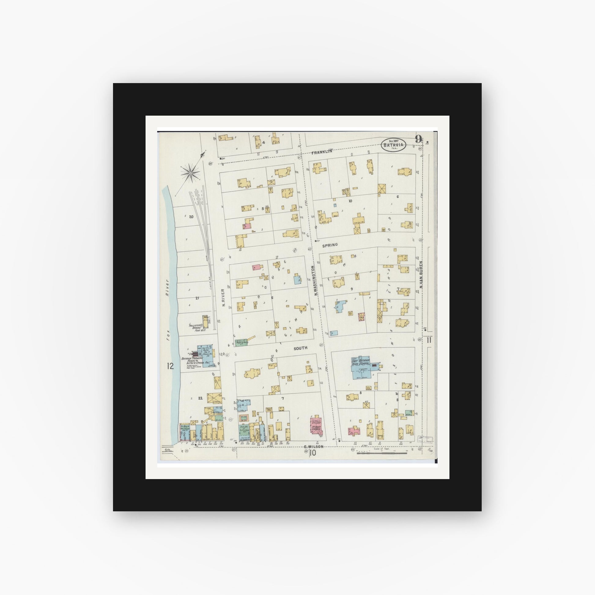 Old map wall art mockup — black gallery frame with white mat — Sanborn Fire Insurance Map from Batavia, Kane County, Illinois (1897), Sheet #0009