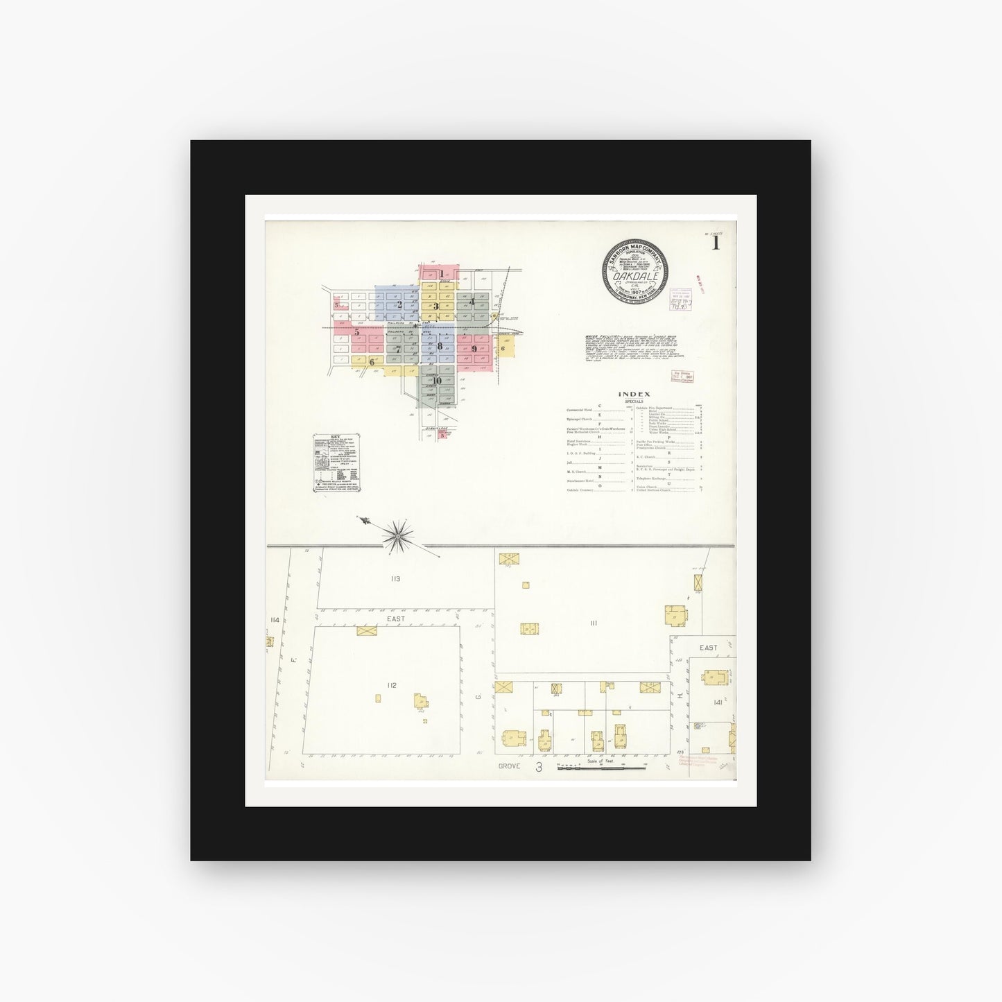 Old map wall art mockup — black gallery frame with white mat — Sanborn Fire Insurance Map from Oakdale, Stanislaus County, California (1907) - Complete Map Set