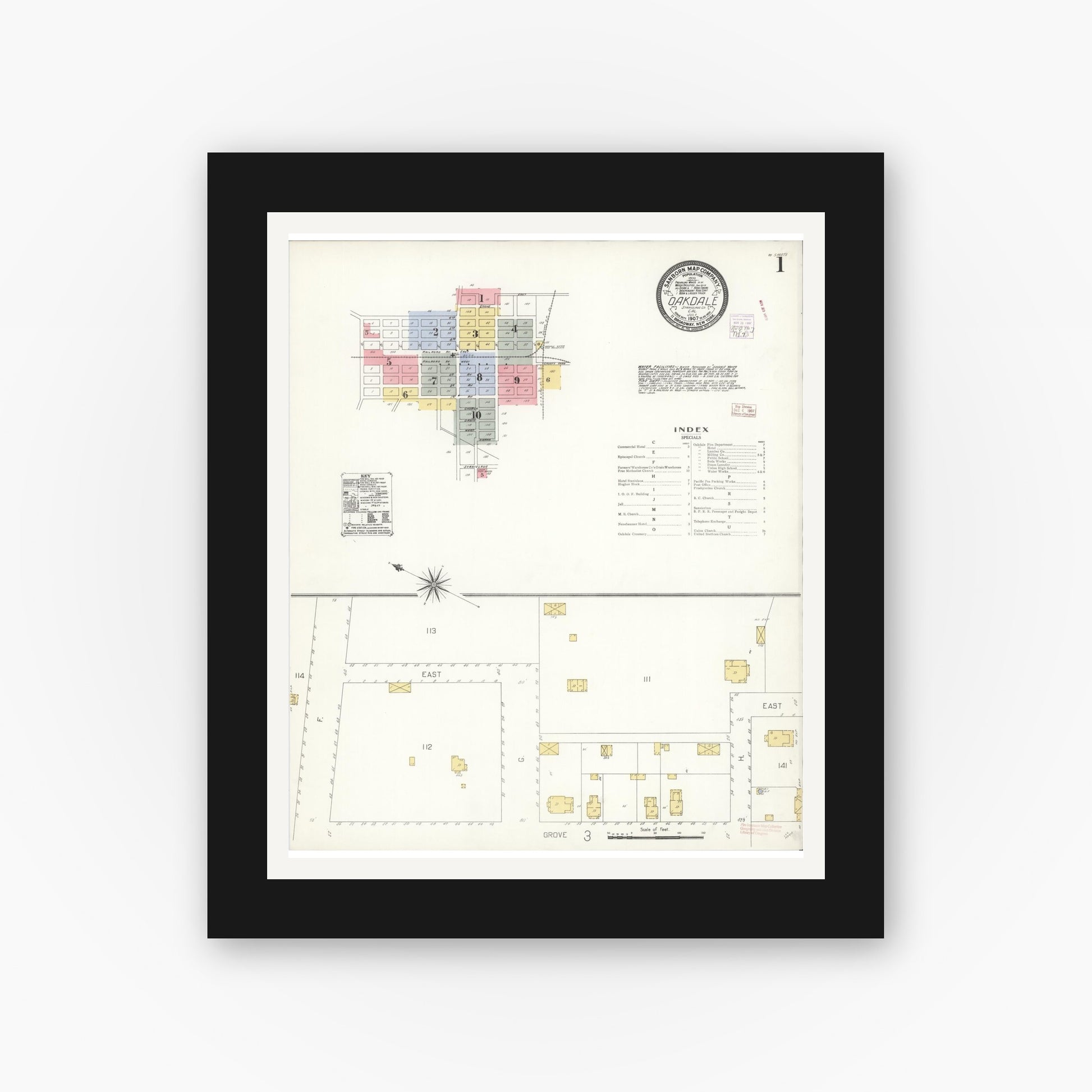 Old map wall art mockup — black gallery frame with white mat — Sanborn Fire Insurance Map from Oakdale, Stanislaus County, California (1907) - Complete Map Set