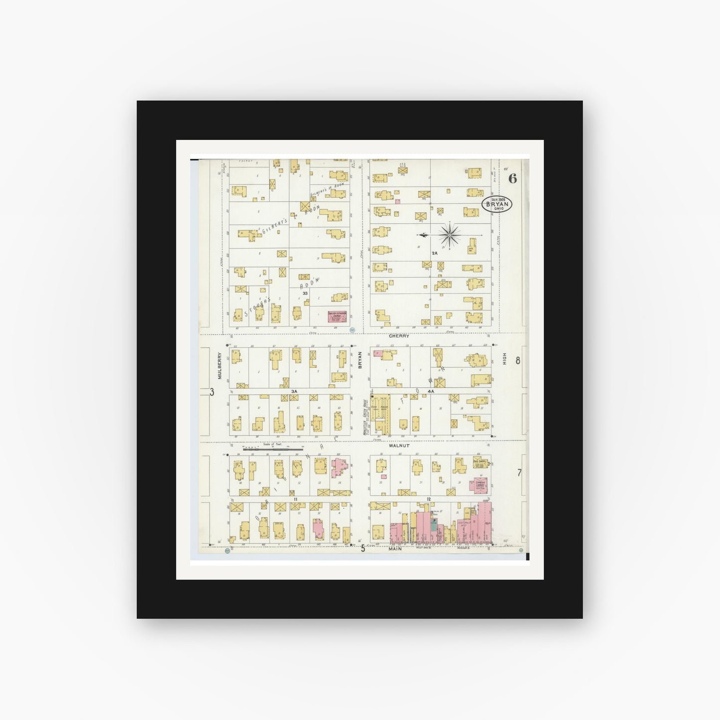 Old map wall art mockup — black gallery frame with white mat — Sanborn Fire Insurance Map from Bryan, Williams County, Ohio (1905), Sheet #0006