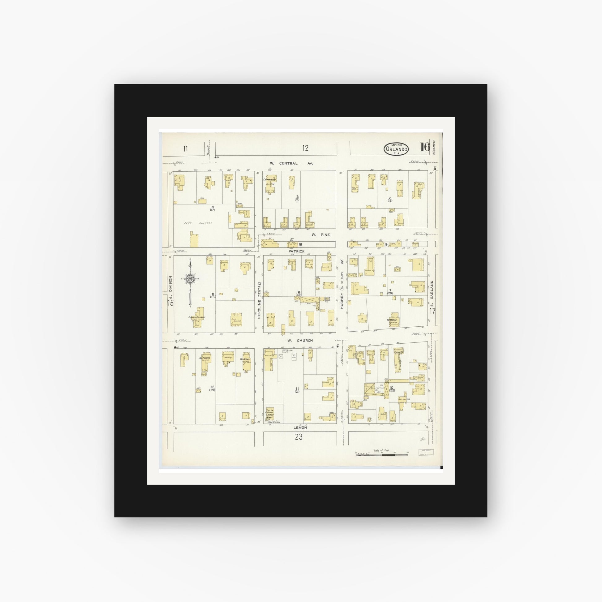 Old map wall art mockup — black gallery frame with white mat — Sanborn Fire Insurance Map from Orlando, Orange County, Florida (1913), Sheet #0016