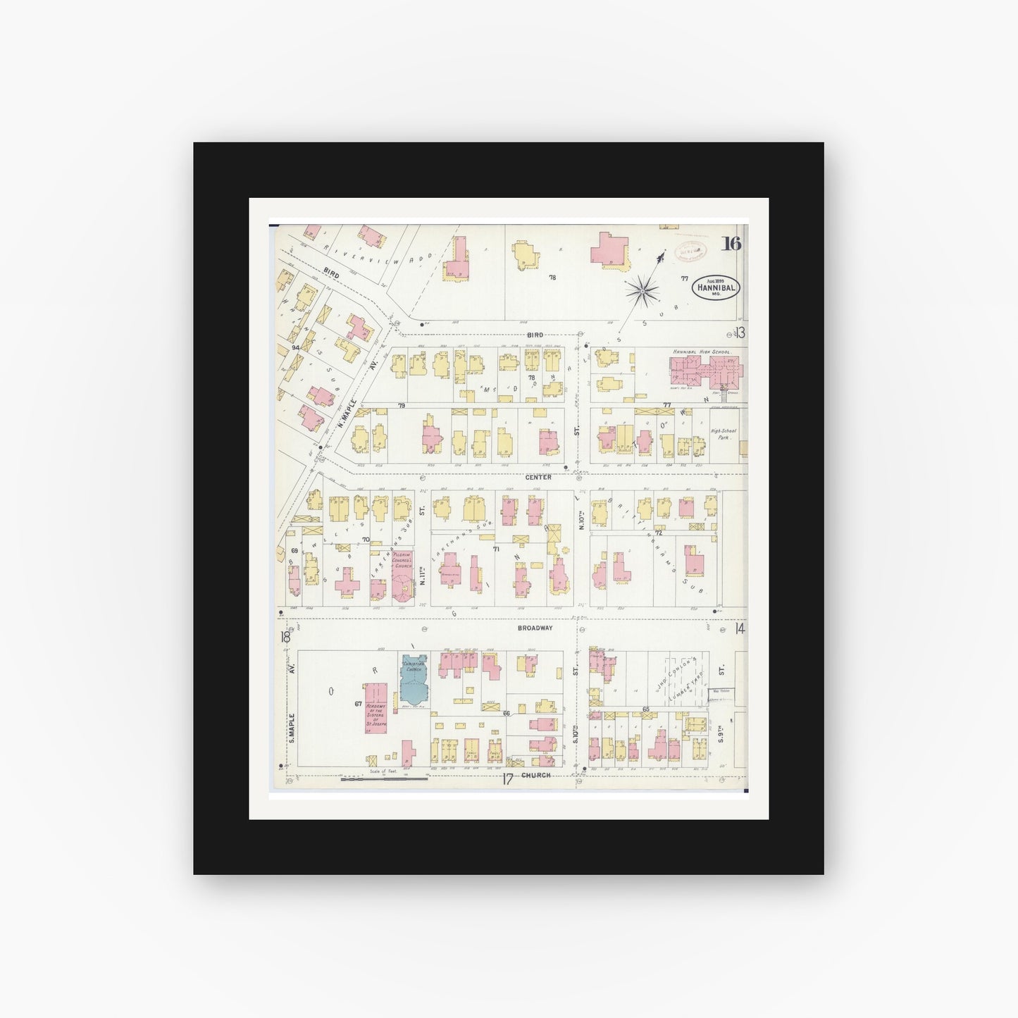 Old map wall art mockup — black gallery frame with white mat — Sanborn Fire Insurance Map from Hannibal, Marion County, Missouri (1899), Sheet #0016