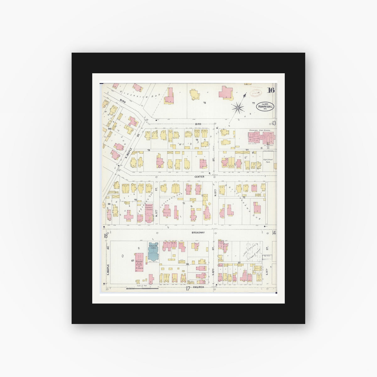 Old map wall art mockup — black gallery frame with white mat — Sanborn Fire Insurance Map from Hannibal, Marion County, Missouri (1899), Sheet #0016