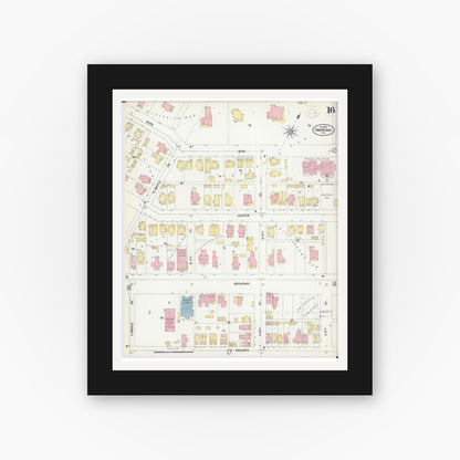 Old map wall art mockup — black gallery frame with white mat — Sanborn Fire Insurance Map from Hannibal, Marion County, Missouri (1899), Sheet #0016