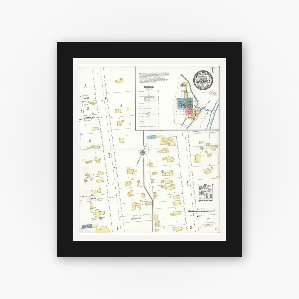 Old map wall art mockup — black gallery frame with white mat — Sanborn Fire Insurance Map from Cloverdale, Sonoma County, California (1911), Sheet #0001