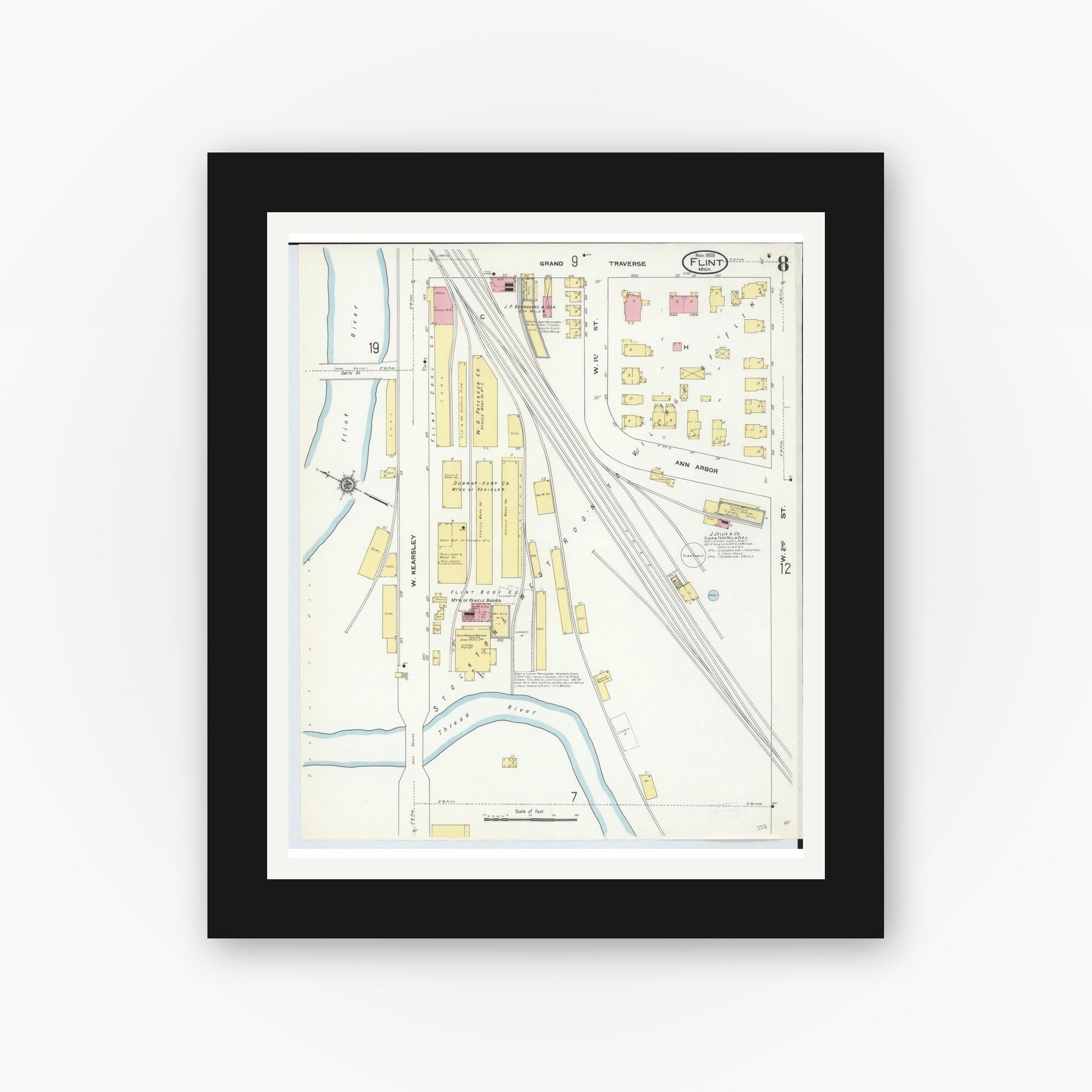 Old map wall art mockup — black gallery frame with white mat — Sanborn Fire Insurance Map from Flint, Genesee County, Michigan (1909), Sheet #0008