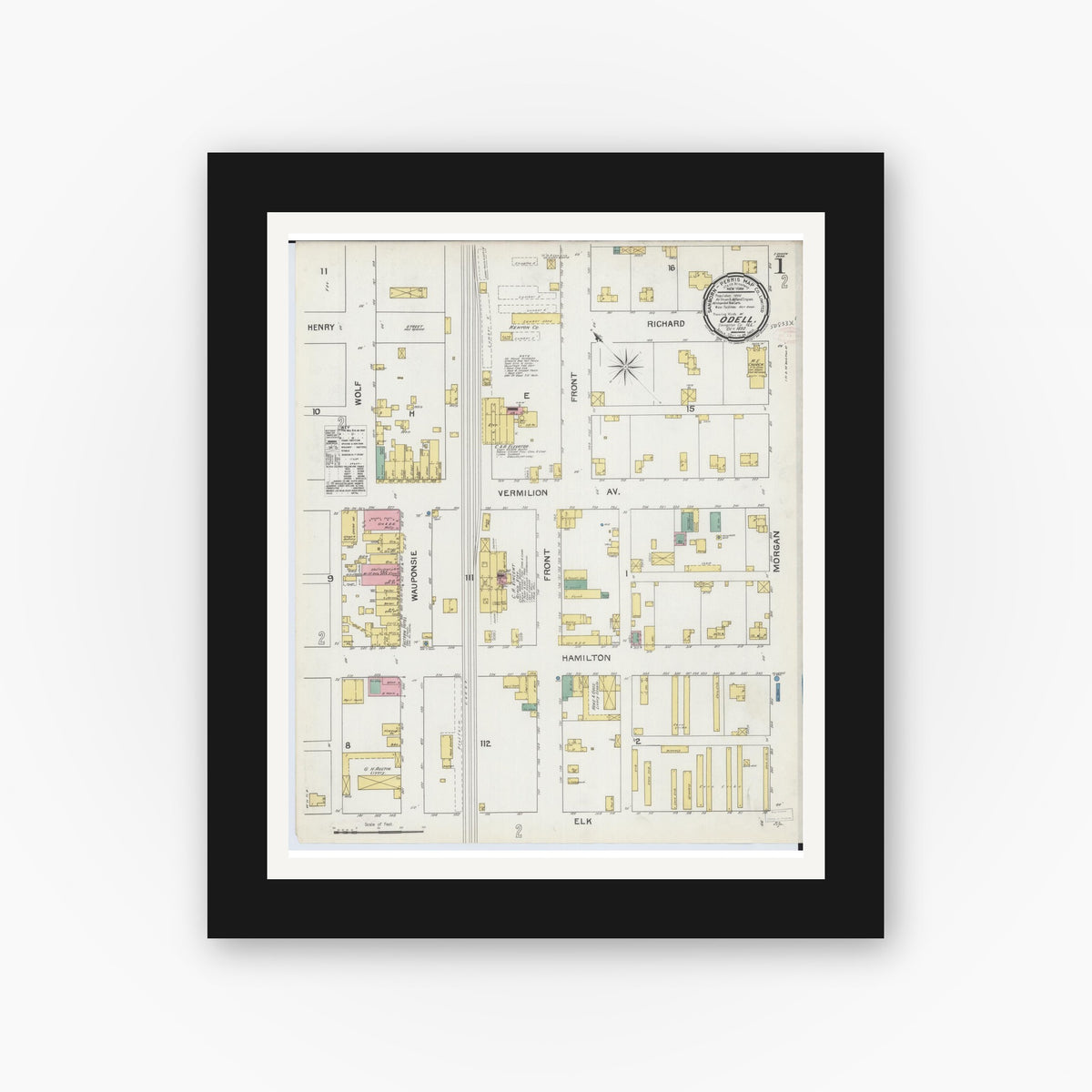 Old map wall art mockup — black gallery frame with white mat — Sanborn Fire Insurance Map from Odell, Livingston County, Illinois (1892) - Complete Map Set