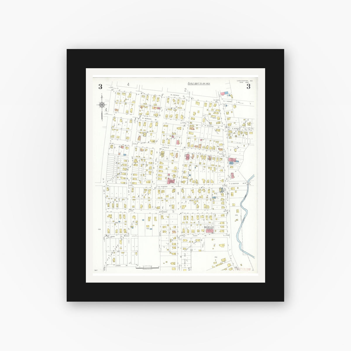 Old map wall art mockup — black gallery frame with white mat — Sanborn Fire Insurance Map from Chesterton, Porter County, Indiana (1935), Sheet #0003