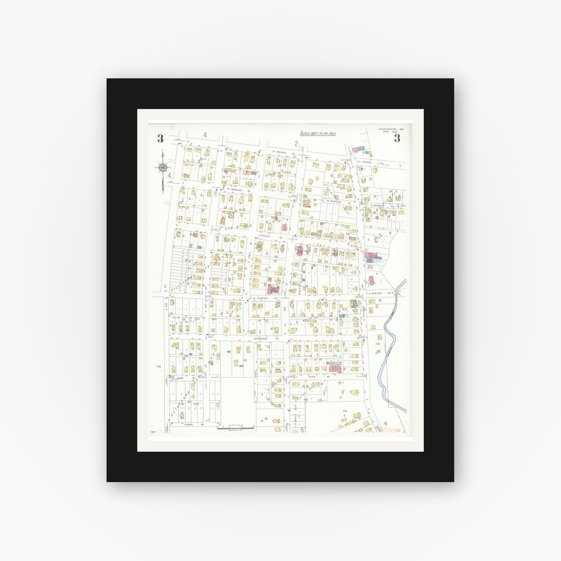 Old map wall art mockup — black gallery frame with white mat — Sanborn Fire Insurance Map from Chesterton, Porter County, Indiana (1935), Sheet #0003