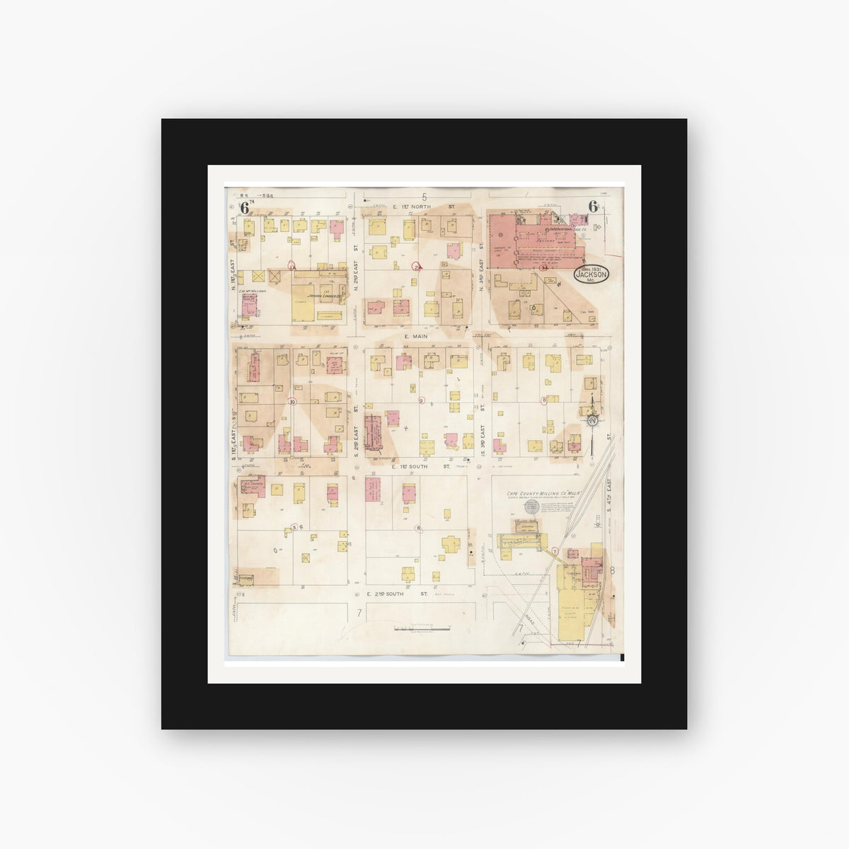Old map wall art mockup — black gallery frame with white mat — Sanborn Fire Insurance Map from Jackson, Cape Girardeau County, Missouri (1941), Sheet #0006