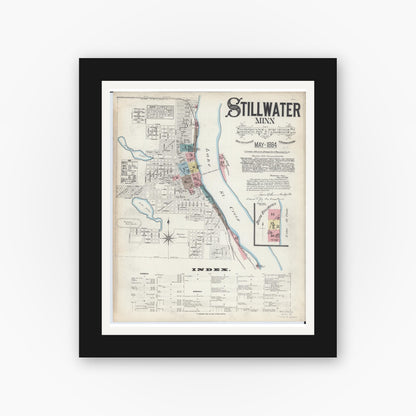 Old map wall art mockup — black gallery frame with white mat — Sanborn Fire Insurance Map from Stillwater, Washington County, Minnesota (1884), Sheet #0001