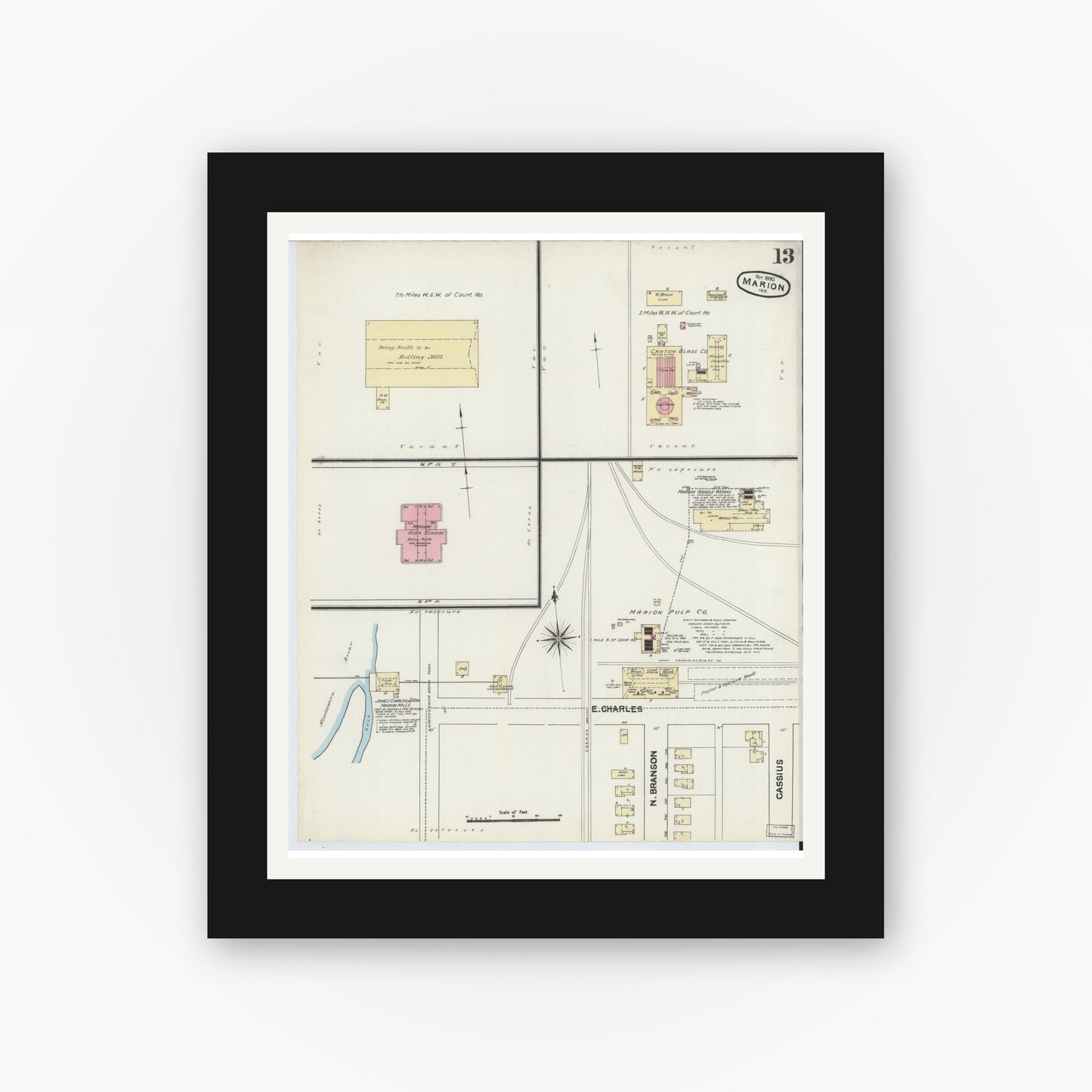 Old map wall art mockup — black gallery frame with white mat — Sanborn Fire Insurance Map from Marion, Grant County, Indiana (1890), Sheet #0013