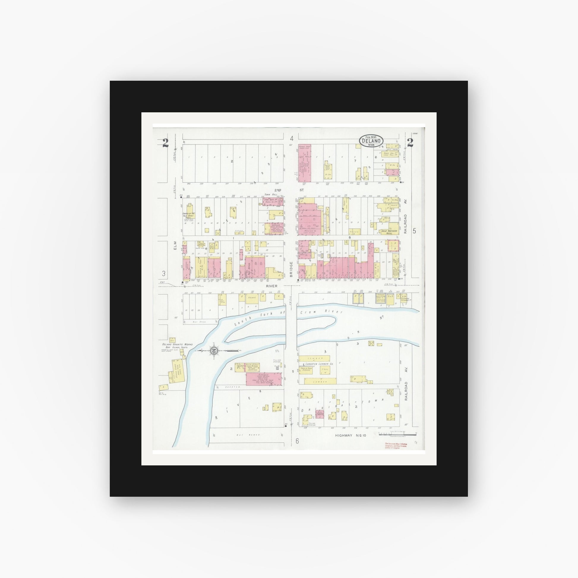 Old map wall art mockup — black gallery frame with white mat — Sanborn Fire Insurance Map from Delano, Wright County, Minnesota (1930), Sheet #0002
