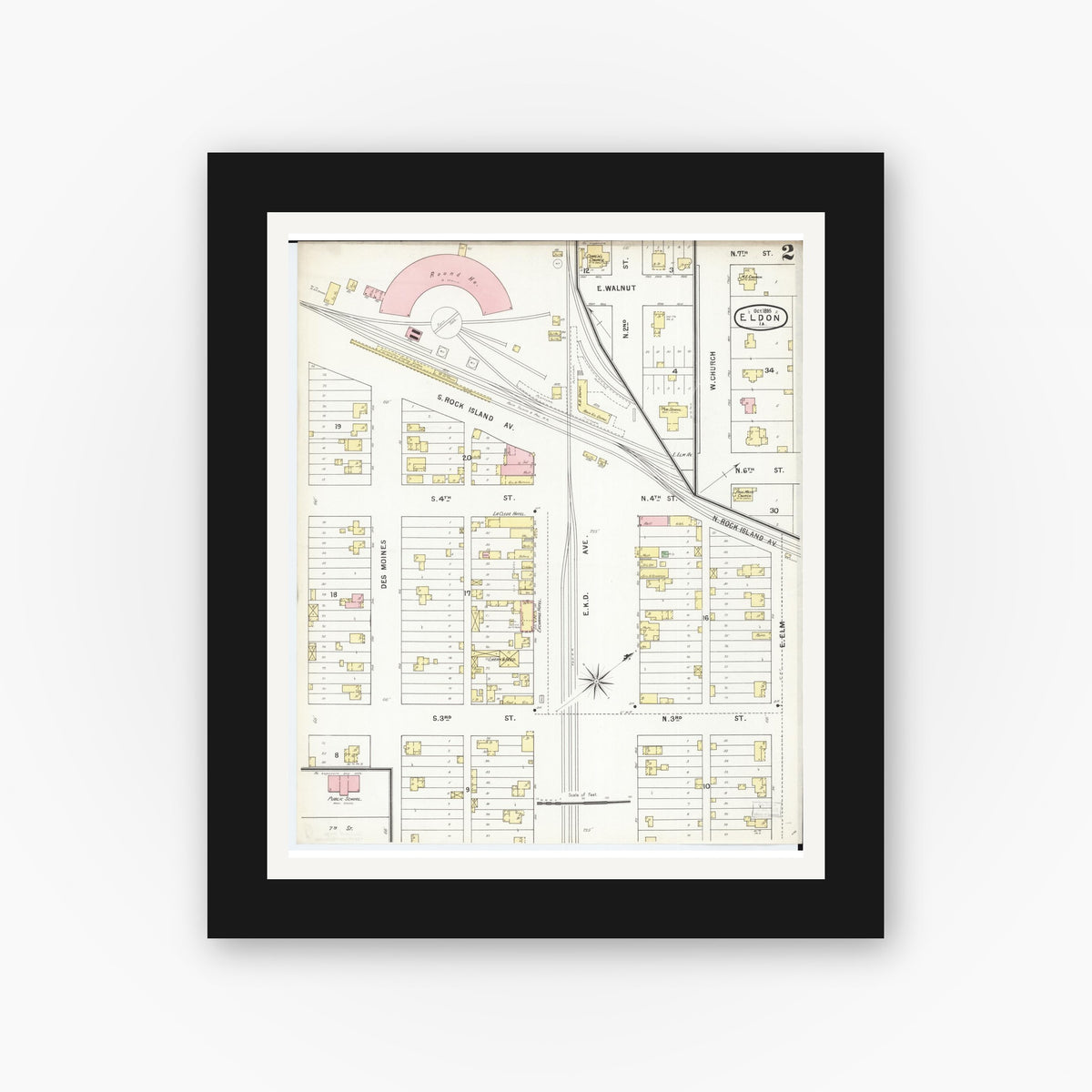 Old map wall art mockup — black gallery frame with white mat — Sanborn Fire Insurance Map from Eldon, Wapello County, Iowa (1895), Sheet #0002