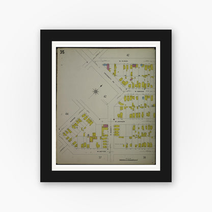 Old map wall art mockup — black gallery frame with white mat — Sanborn Fire Insurance Map from Madison, Dane County, Wisconsin (1908), Sheet #0035