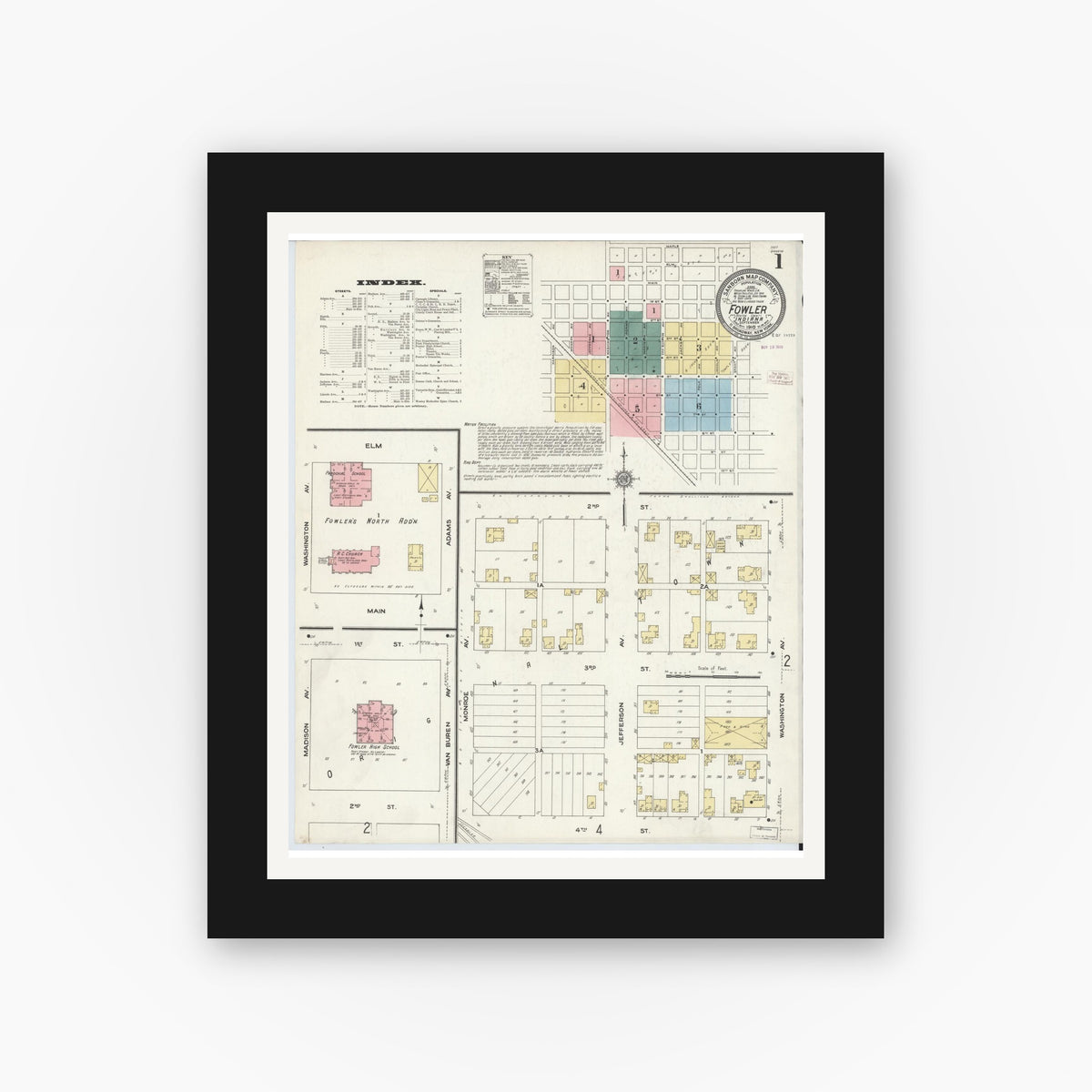 Old map wall art mockup — black gallery frame with white mat — Sanborn Fire Insurance Map from Fowler, Benton County, Indiana (1910) - Complete Map Set