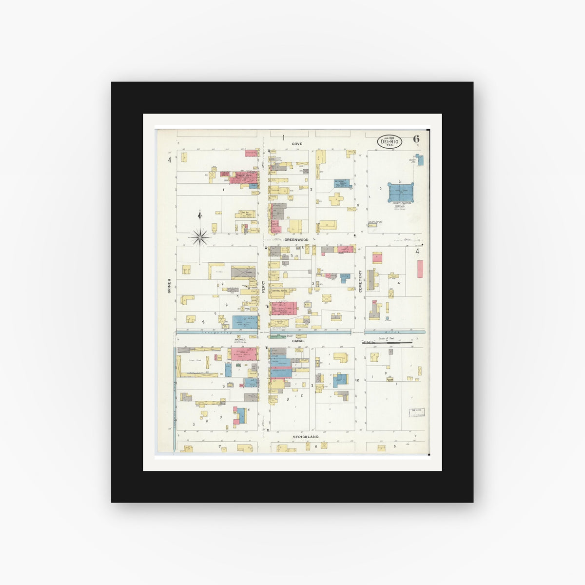 Old map wall art mockup — black gallery frame with white mat — Sanborn Fire Insurance Map from Del Rio, Val Verde County, Texas (1909), Sheet #0006
