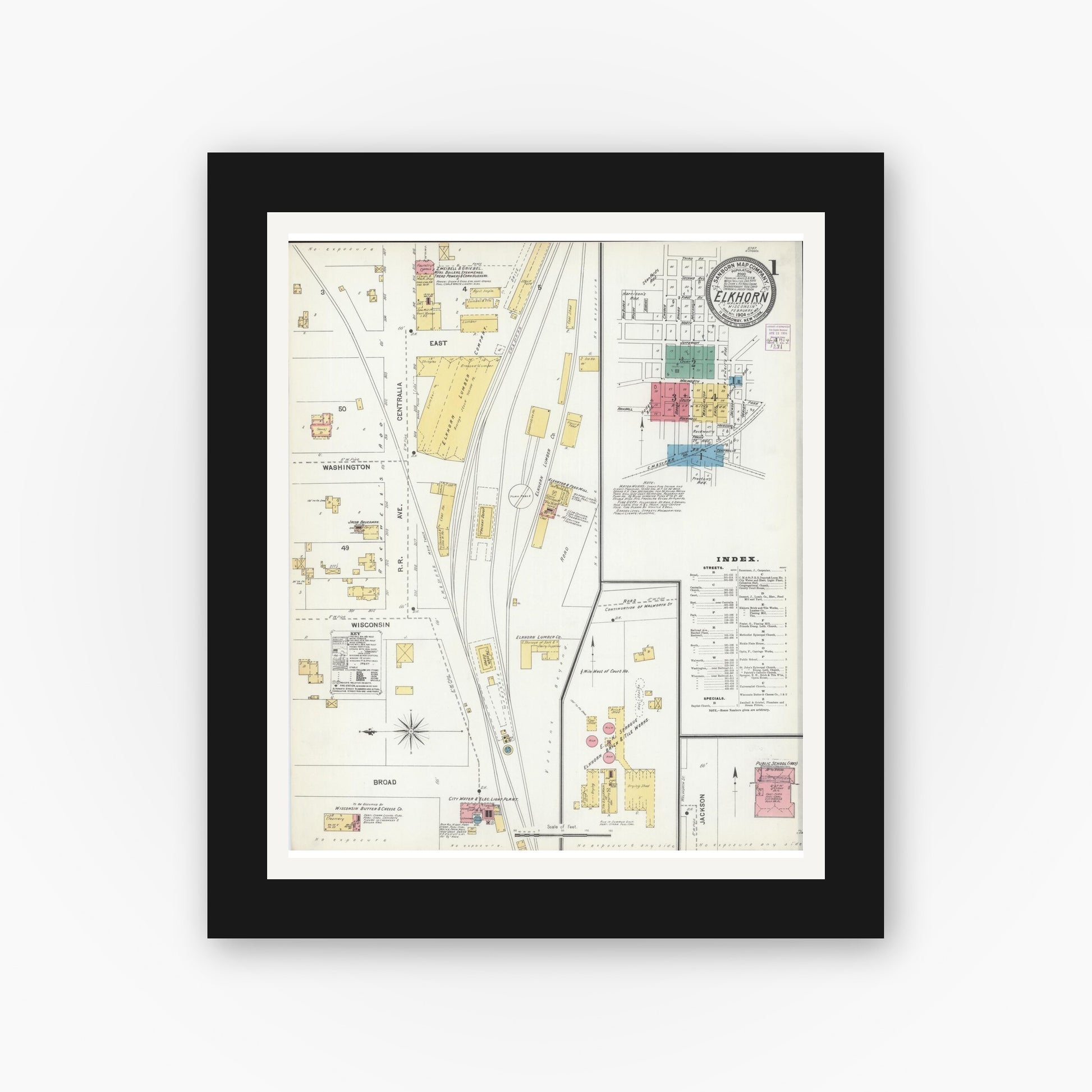Old map wall art mockup — black gallery frame with white mat — Sanborn Fire Insurance Map from Elkhorn, Walworth County, Wisconsin (1904), Sheet #0001