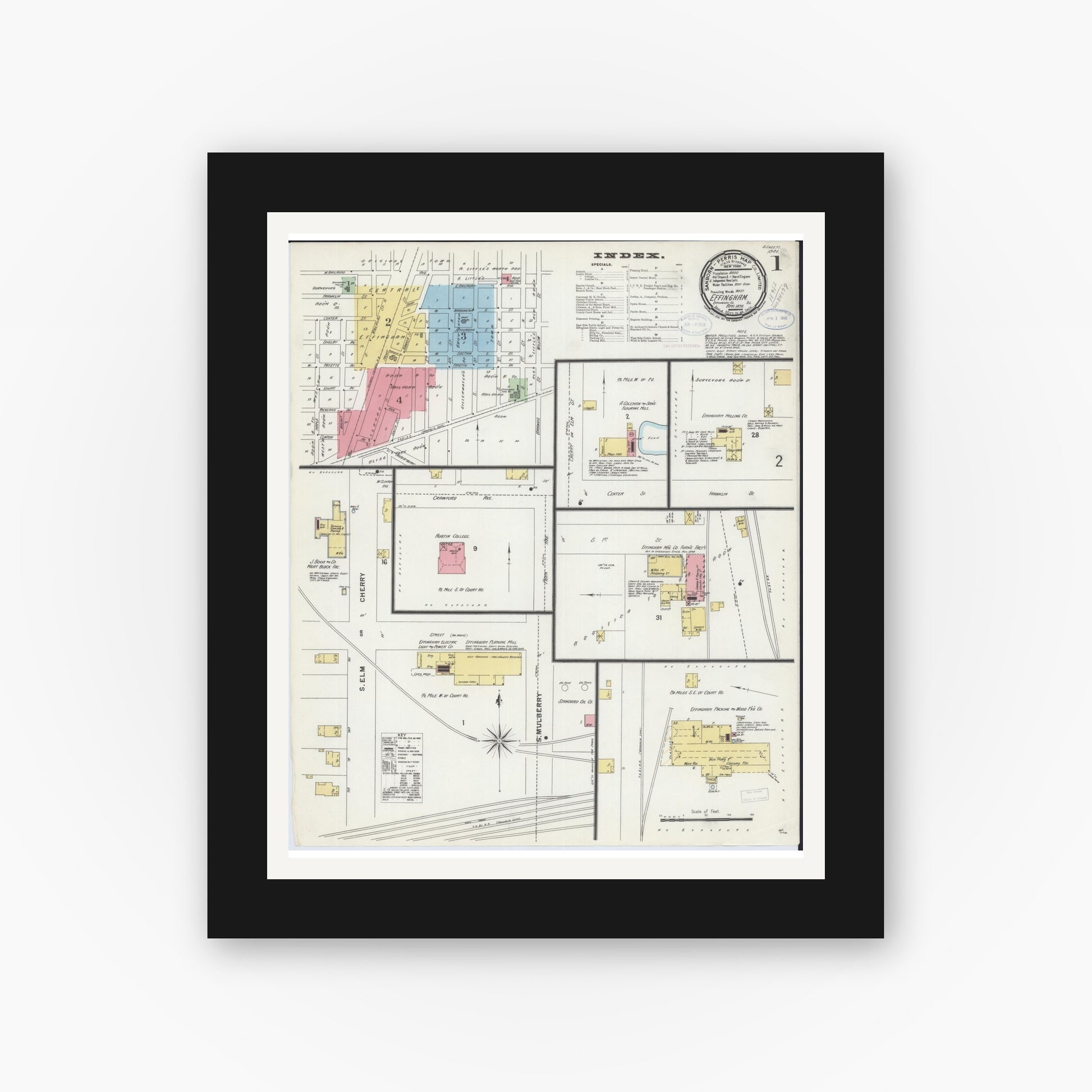 Old map wall art mockup — black gallery frame with white mat — Sanborn Fire Insurance Map from Effingham, Effingham County, Illinois (1898), Sheet #0001