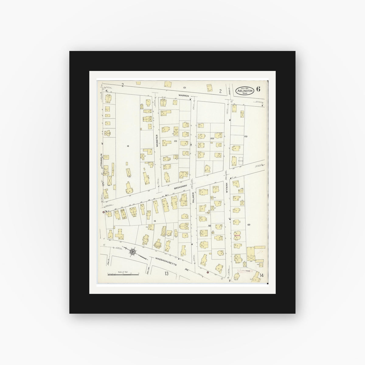Old map wall art mockup — black gallery frame with white mat — Sanborn Fire Insurance Map from Arlington, Middlesex County, Massachusetts (1914), Sheet #0006