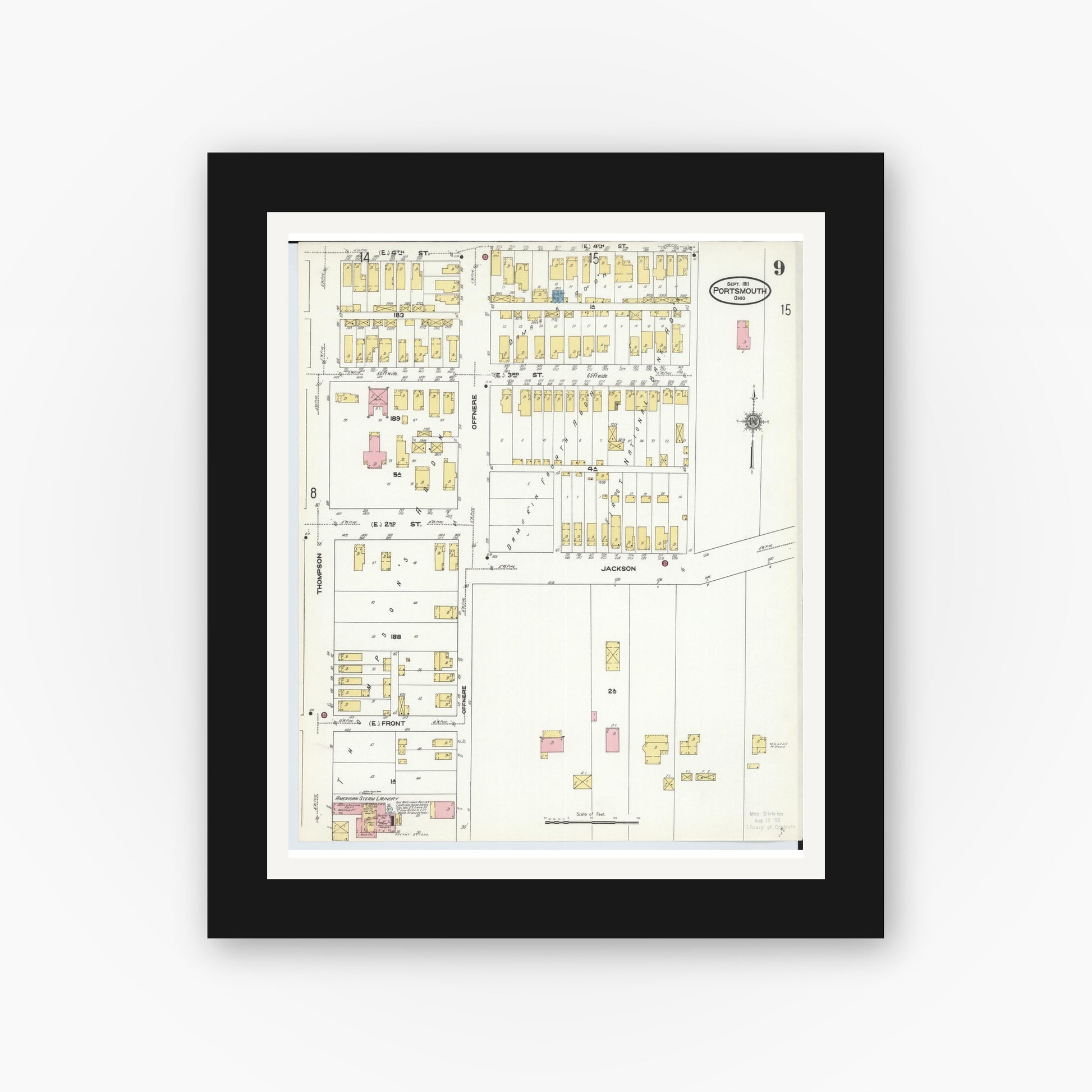 Old map wall art mockup — black gallery frame with white mat — Sanborn Fire Insurance Map from Portsmouth, Scioto County, Ohio (1911), Sheet #0009