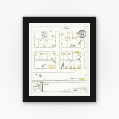 Old map wall art mockup — black gallery frame with white mat — Sanborn Fire Insurance Map from Laton, Fresno County, California (1909), Sheet #0001